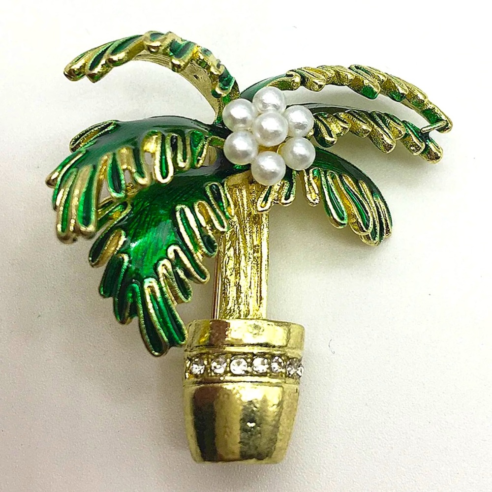 Enamel, Faux Pearl, & Crystal Coconut Palm Brooch